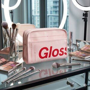 Glossier Pink Beauty Bag Pouch 9.5"x7" Cosmetic Travel Case with Red Zipper Logo